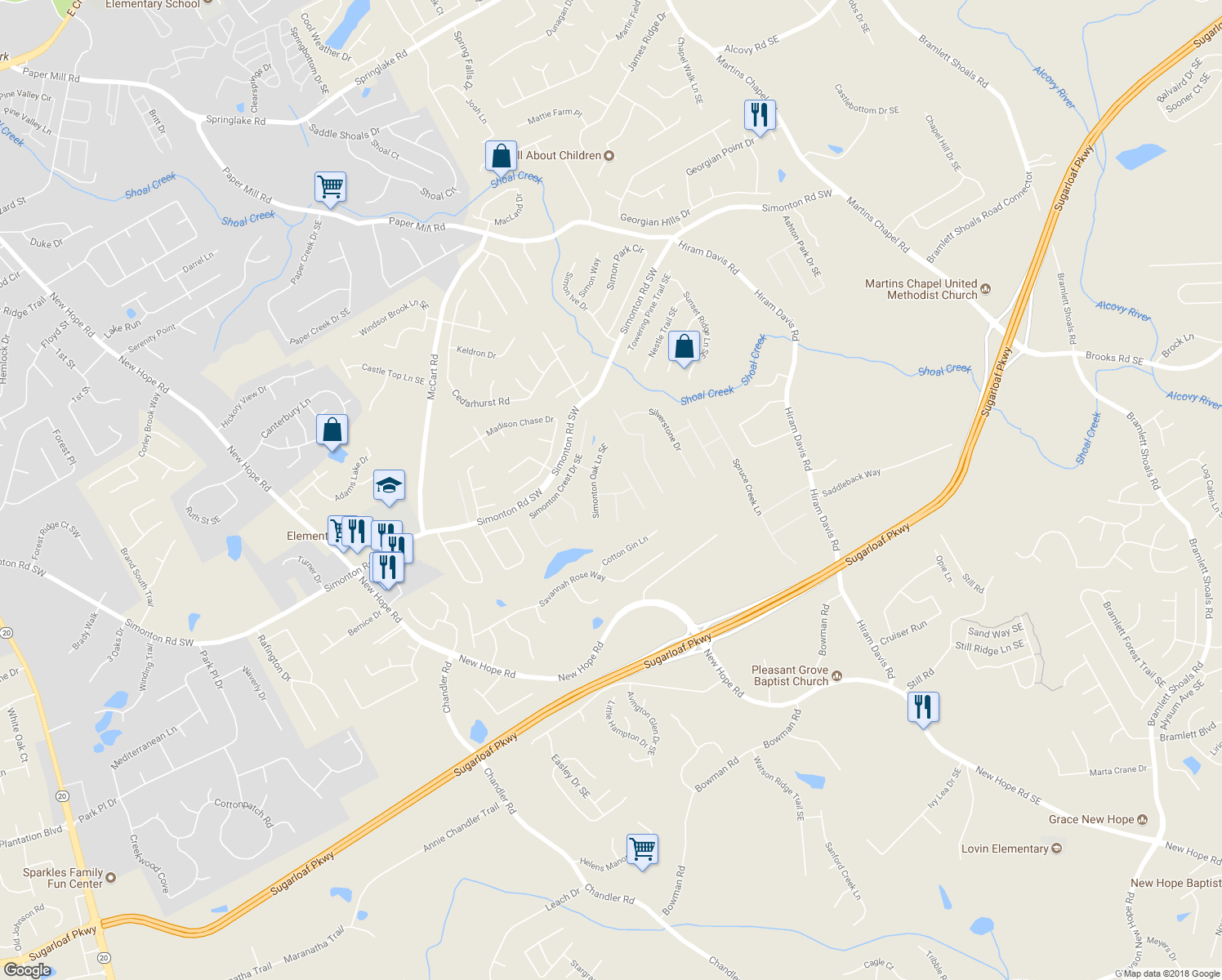 map of restaurants, bars, coffee shops, grocery stores, and more near 542 Simonton Ridge Tr Southeast in Lawrenceville