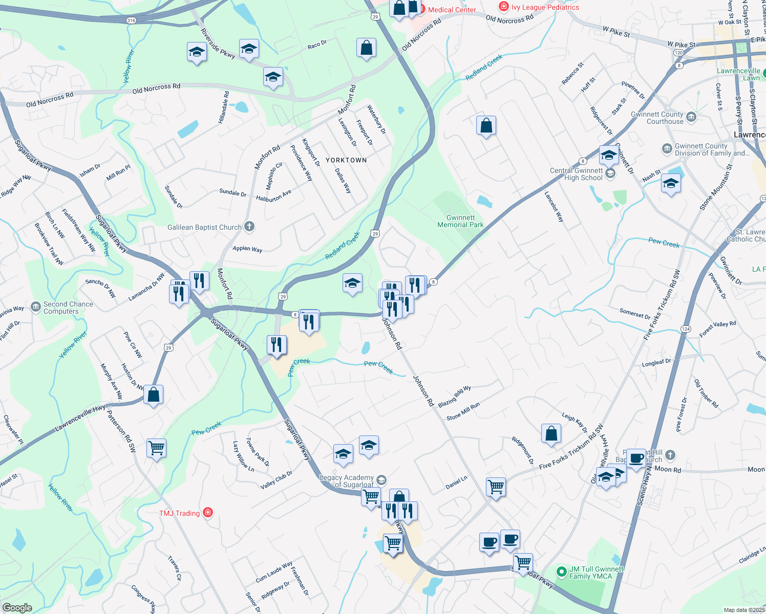 map of restaurants, bars, coffee shops, grocery stores, and more near 1173 Lawrenceville Highway in Lawrenceville