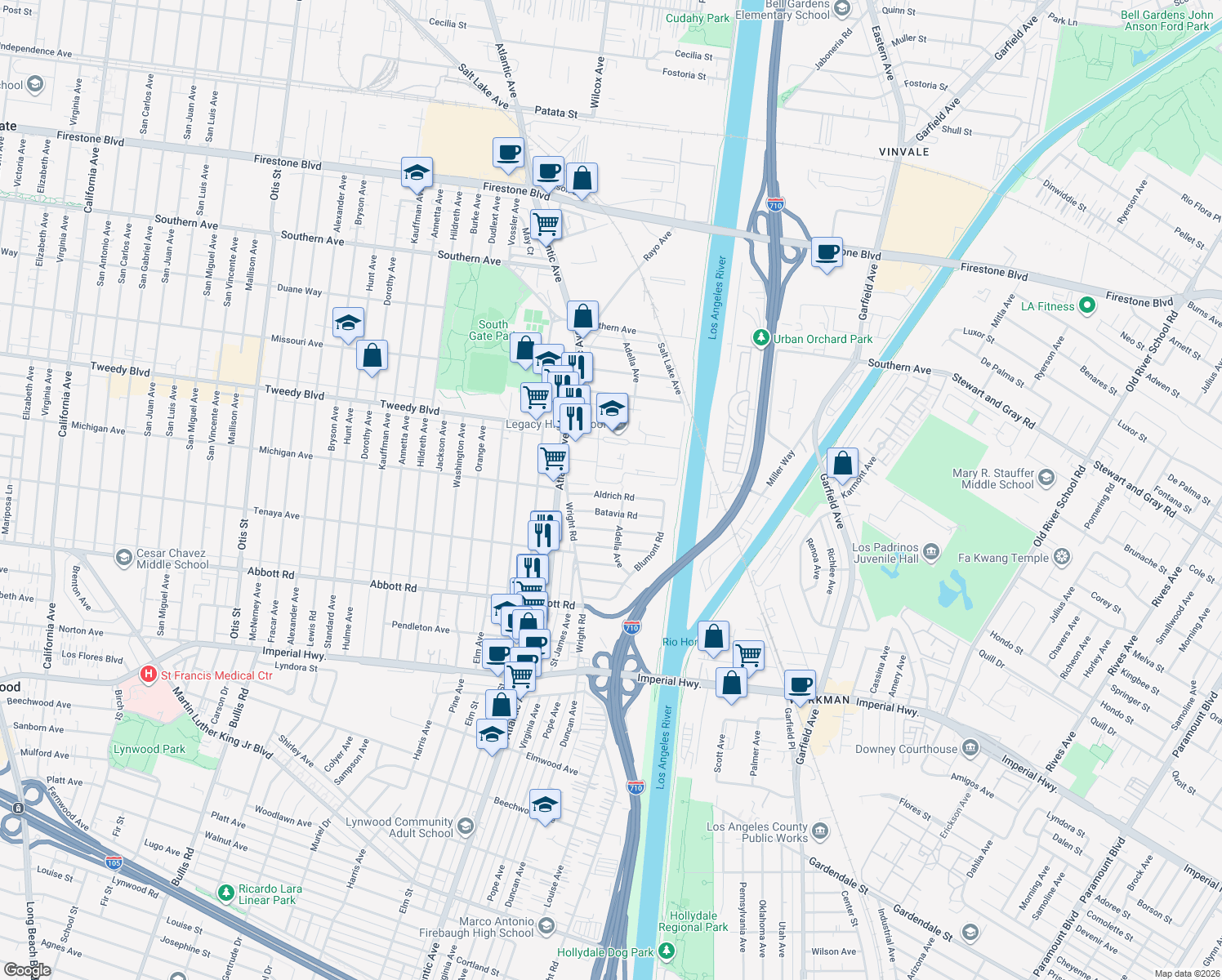 map of restaurants, bars, coffee shops, grocery stores, and more near 5265 Aldrich Road in South Gate