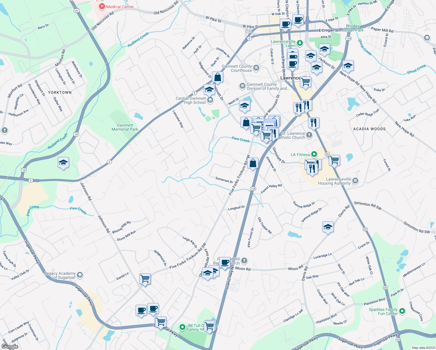 map of restaurants, bars, coffee shops, grocery stores, and more near 703 Somerset Drive in Lawrenceville