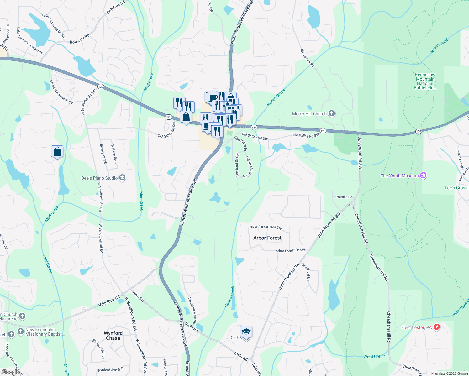 map of restaurants, bars, coffee shops, grocery stores, and more near 828 Nob Ridge Drive Southwest in Marietta