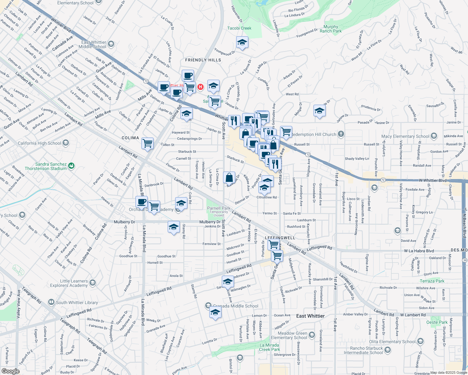 map of restaurants, bars, coffee shops, grocery stores, and more near 10607 La Alba Drive in Whittier