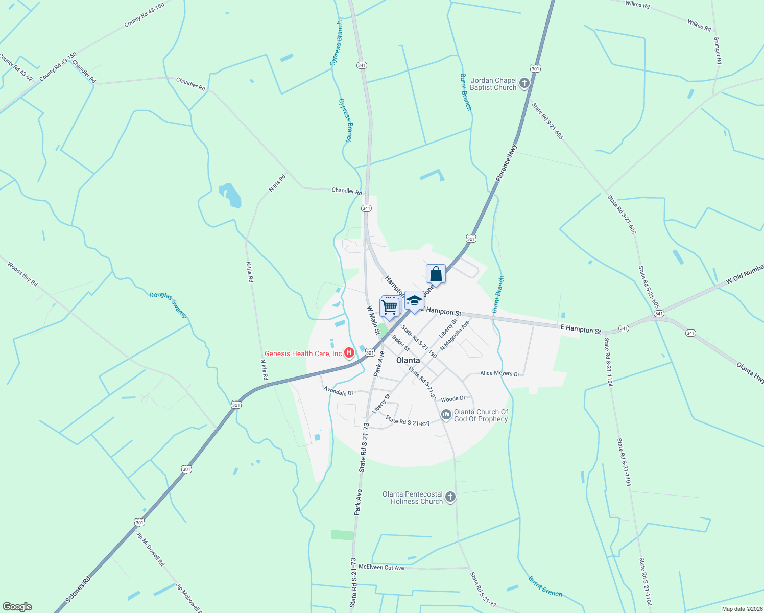 map of restaurants, bars, coffee shops, grocery stores, and more near 209 Church St in Olanta