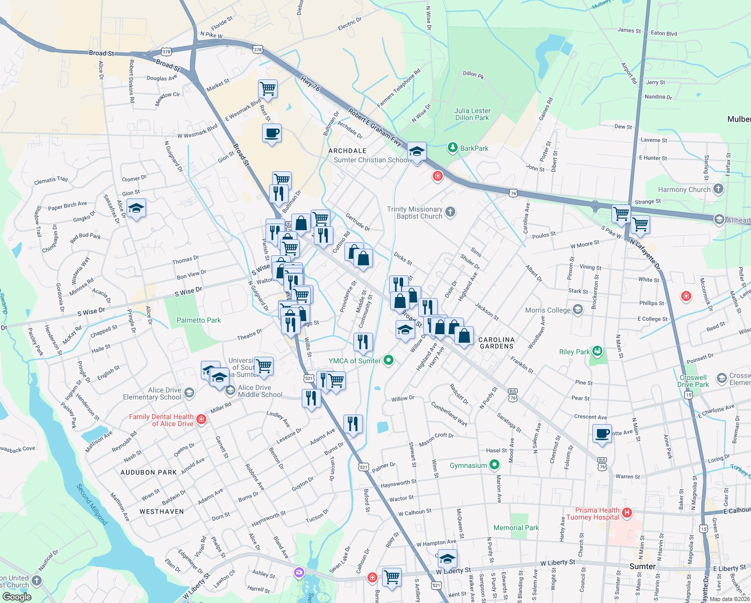 map of restaurants, bars, coffee shops, grocery stores, and more near 13 Community St in Sumter