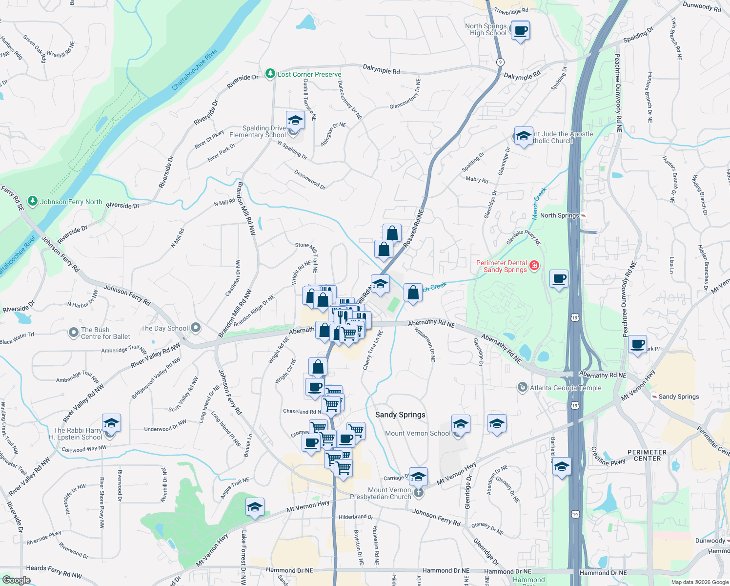 map of restaurants, bars, coffee shops, grocery stores, and more near 6700 Roswell Road Northeast in Atlanta