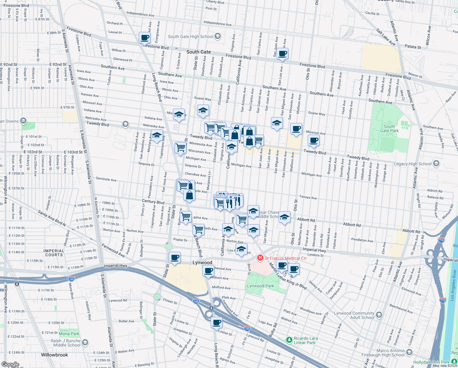 map of restaurants, bars, coffee shops, grocery stores, and more near 10348 California Avenue in South Gate