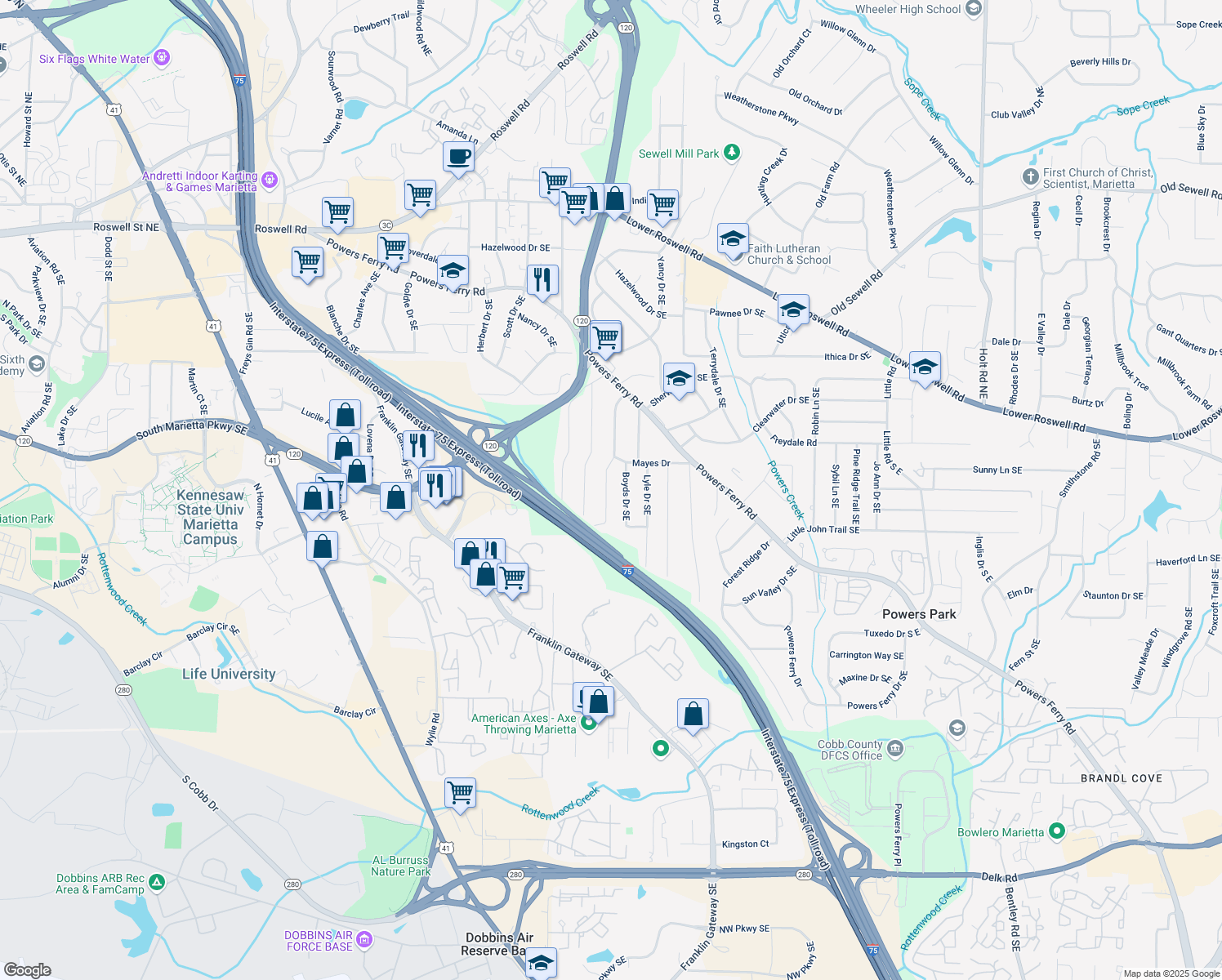 map of restaurants, bars, coffee shops, grocery stores, and more near 2071 Meadowbrook Lane in Marietta