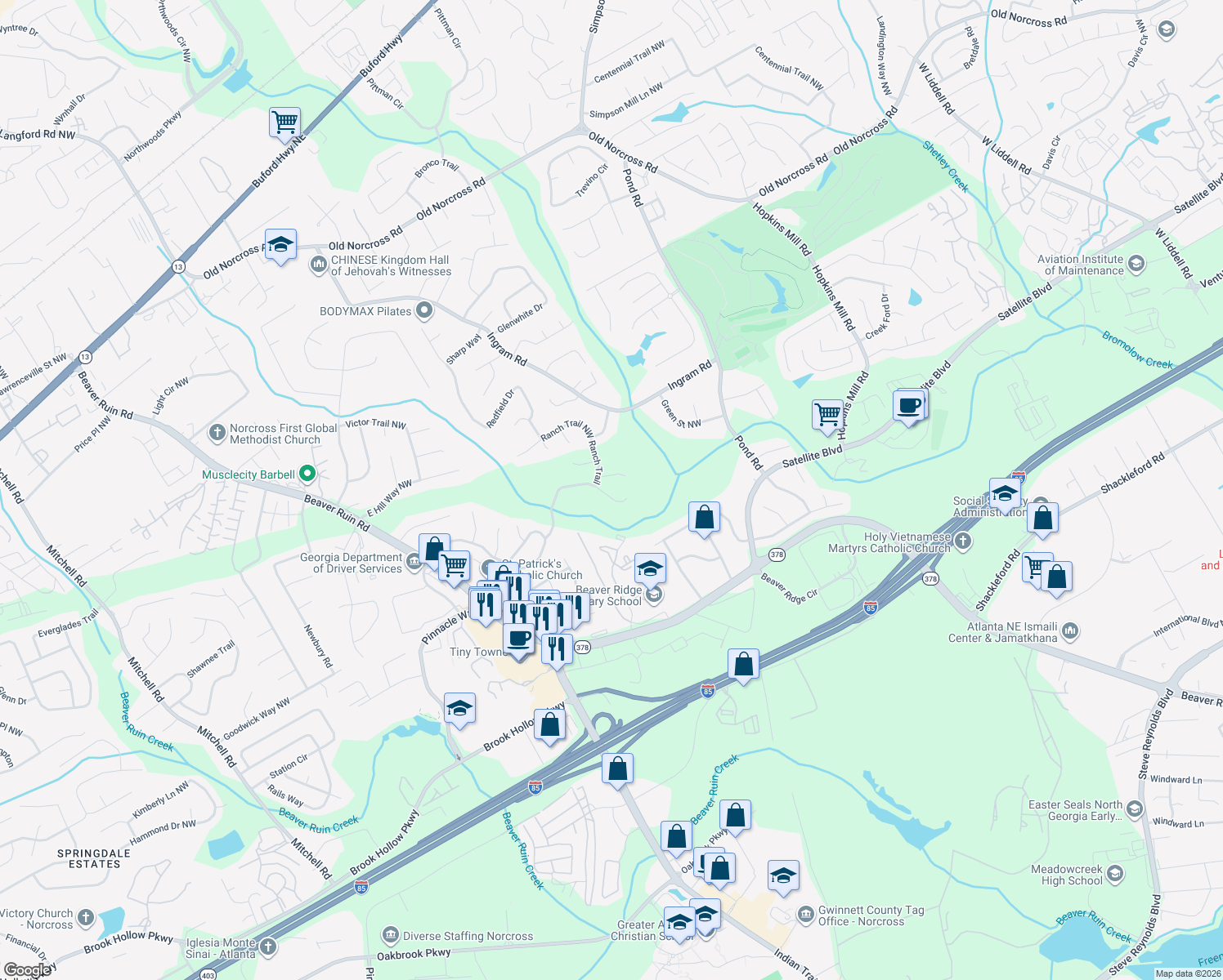 map of restaurants, bars, coffee shops, grocery stores, and more near 4943 Appaloosa Trail in Norcross