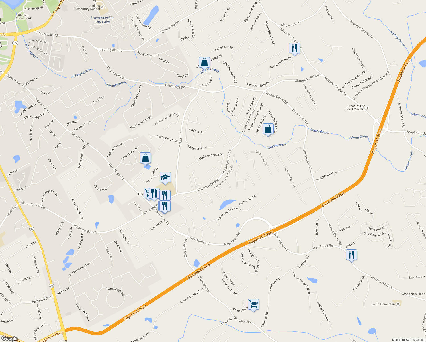 map of restaurants, bars, coffee shops, grocery stores, and more near 855 Madison Chase Way in Lawrenceville
