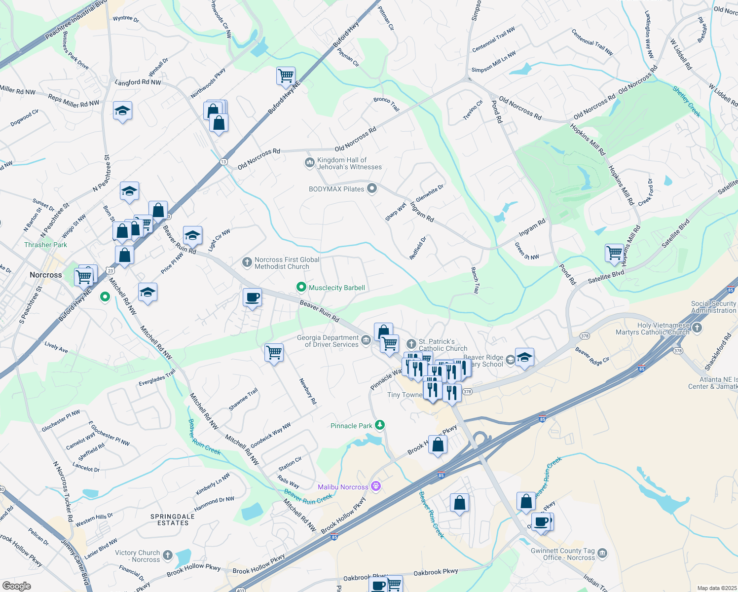 map of restaurants, bars, coffee shops, grocery stores, and more near 2325 East Hill Way Northwest in Norcross