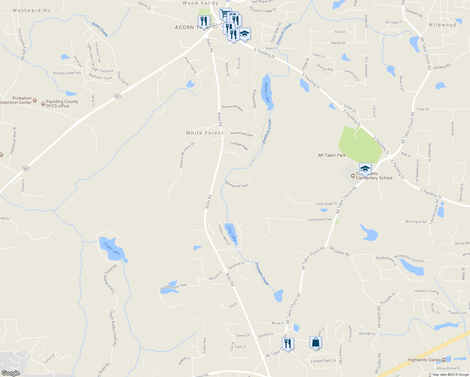 map of restaurants, bars, coffee shops, grocery stores, and more near 481 Riverwood Pass in Dallas