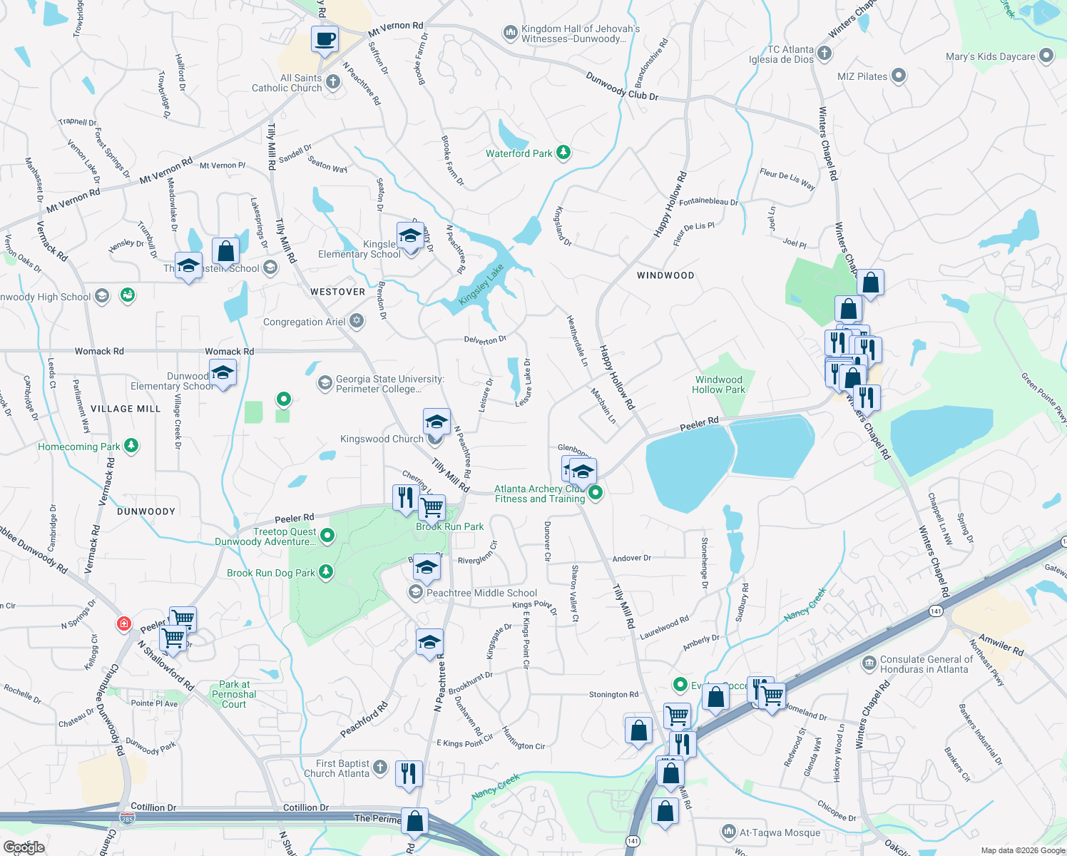 map of restaurants, bars, coffee shops, grocery stores, and more near 2379 Leisure Lane in Atlanta