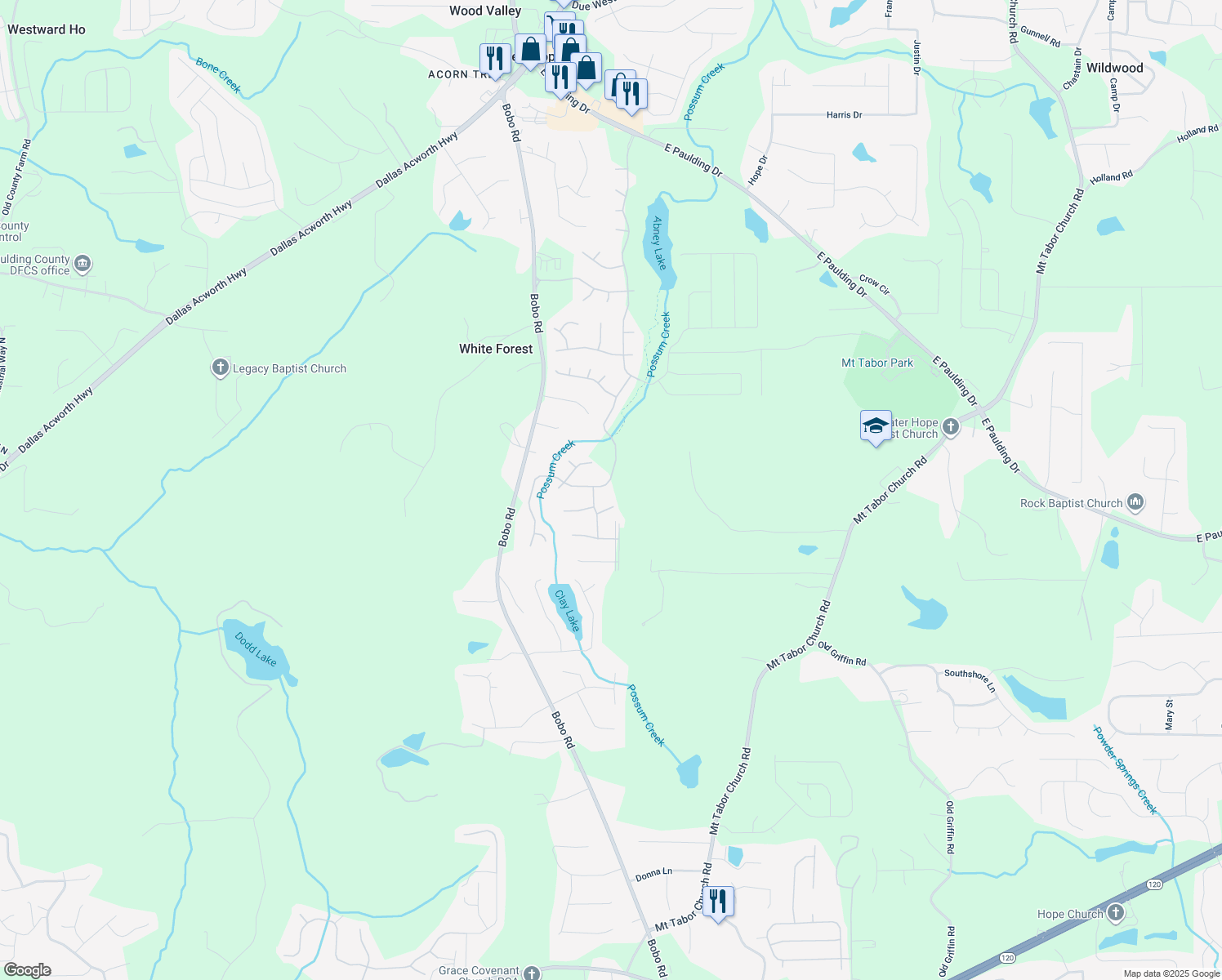 map of restaurants, bars, coffee shops, grocery stores, and more near 385 Riverwood Pass in Dallas