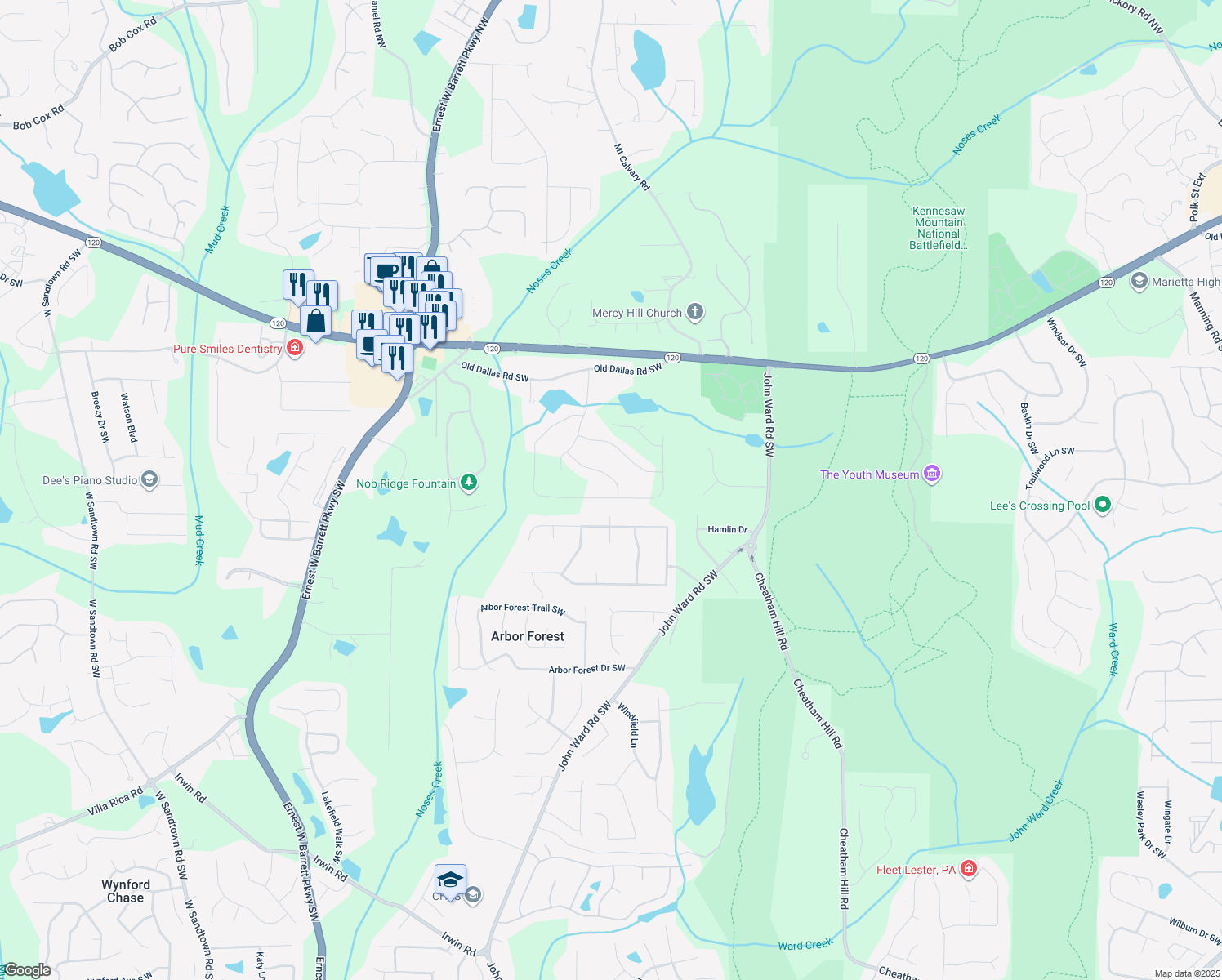 map of restaurants, bars, coffee shops, grocery stores, and more near 2019 Fern Mountain Lane in Marietta