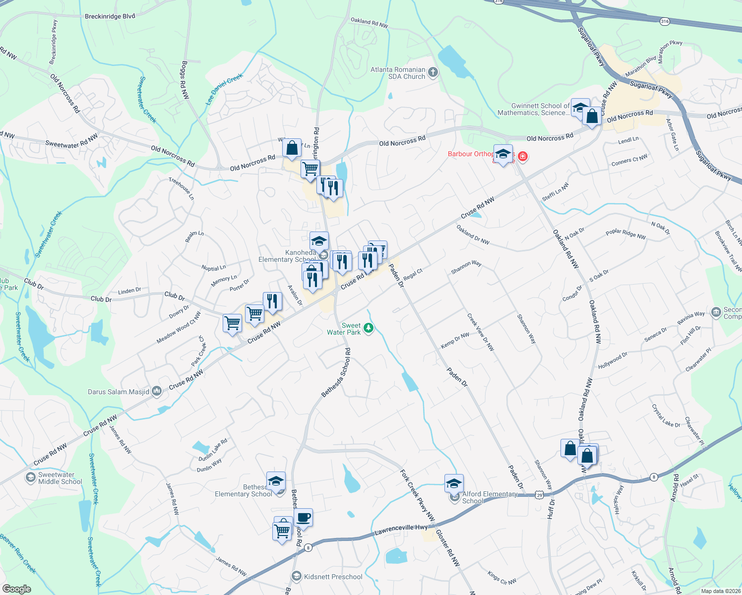 map of restaurants, bars, coffee shops, grocery stores, and more near 827 Majestic Ct in Lawrenceville