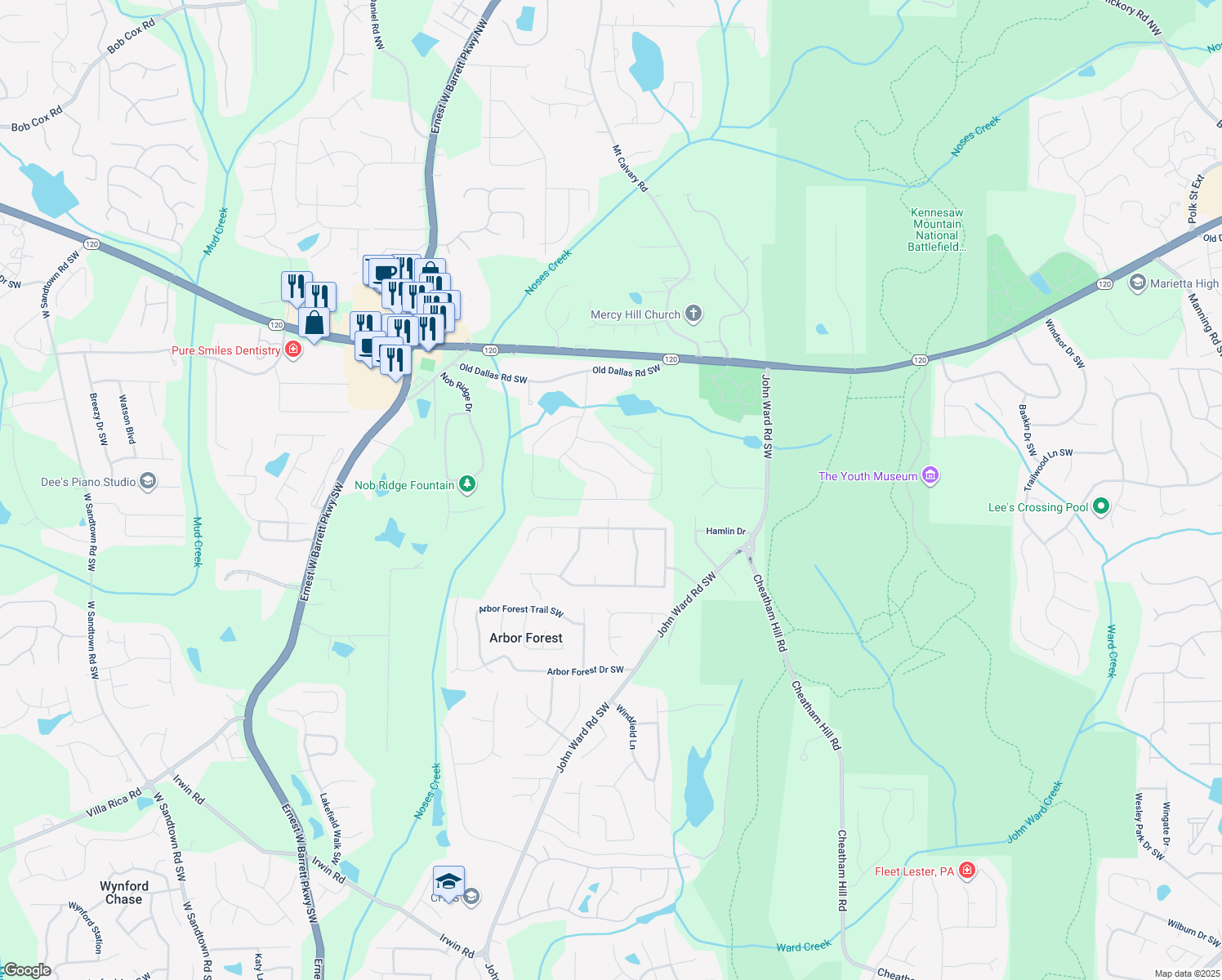 map of restaurants, bars, coffee shops, grocery stores, and more near 2048 Winding Creek Lane Southwest in Marietta