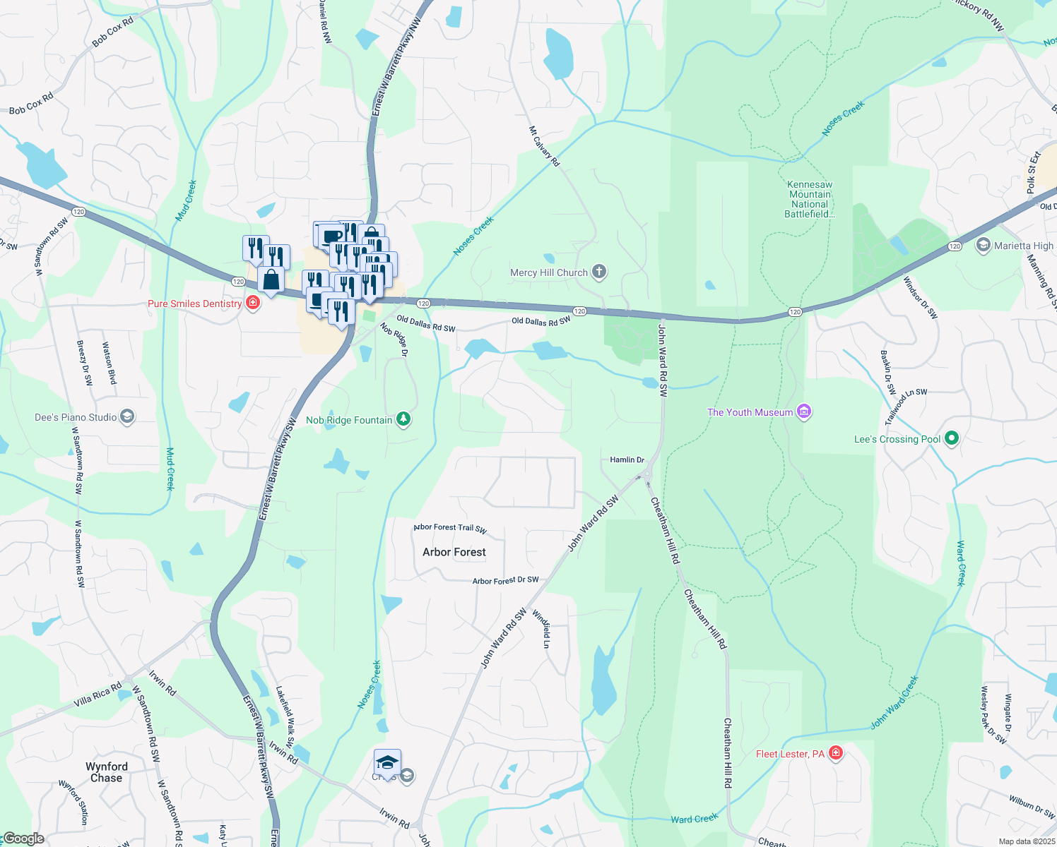 map of restaurants, bars, coffee shops, grocery stores, and more near 2048 Winding Creek Lane Southwest in Marietta
