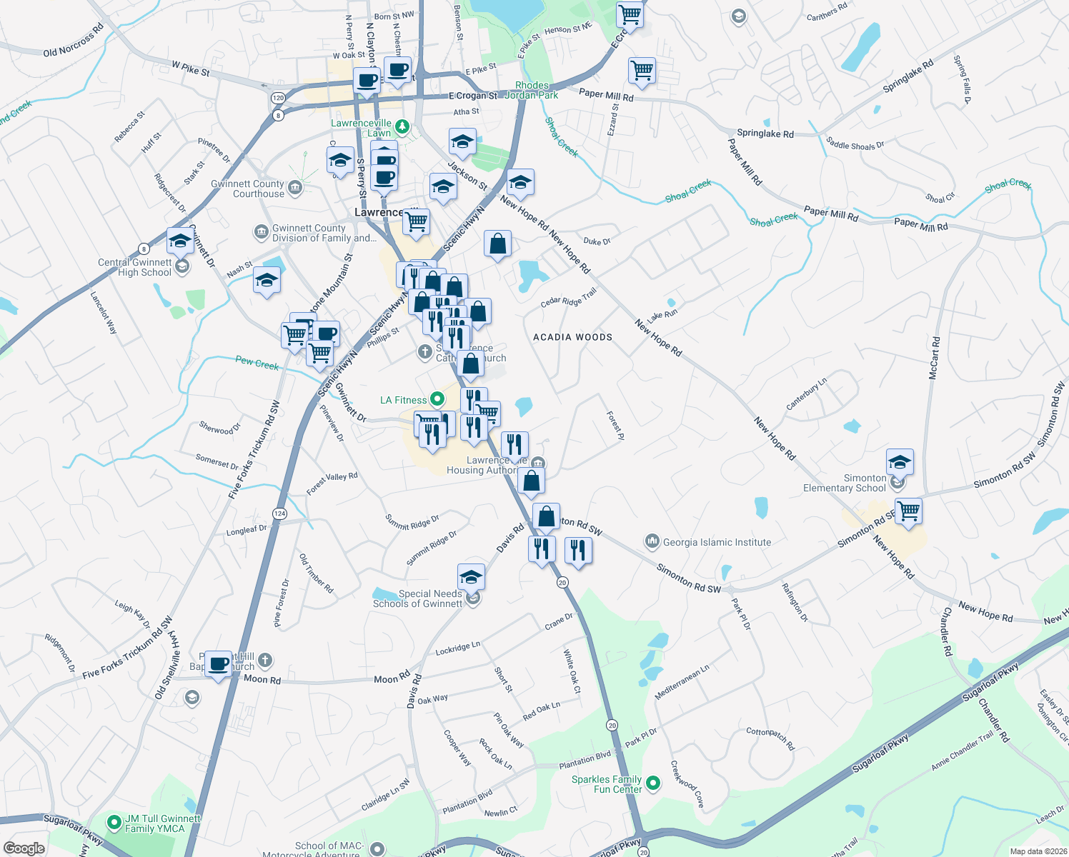 map of restaurants, bars, coffee shops, grocery stores, and more near 210 Kubol Dr in Lawrenceville