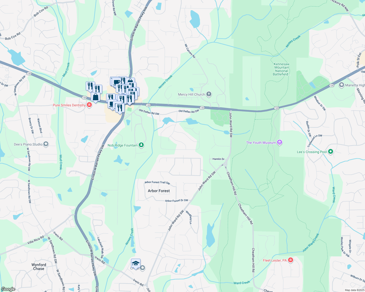 map of restaurants, bars, coffee shops, grocery stores, and more near 2023 Fern Mountain Lane in Marietta