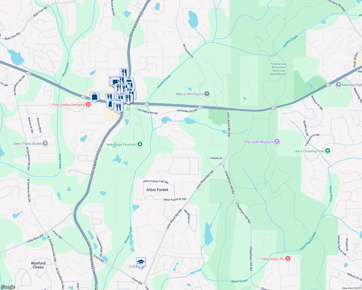 map of restaurants, bars, coffee shops, grocery stores, and more near 2023 Fern Mountain Lane in Marietta