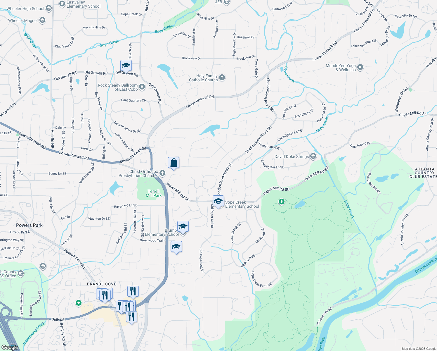 map of restaurants, bars, coffee shops, grocery stores, and more near 3377 Blackbridle Walk Southeast in Marietta