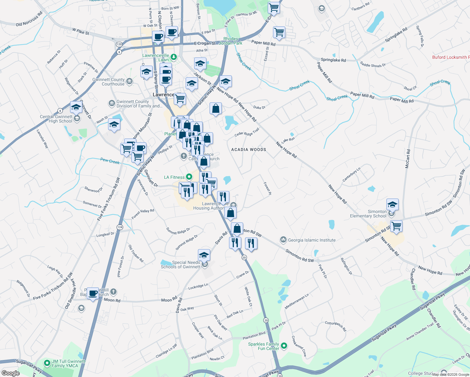 map of restaurants, bars, coffee shops, grocery stores, and more near 180 Kubol Drive in Lawrenceville
