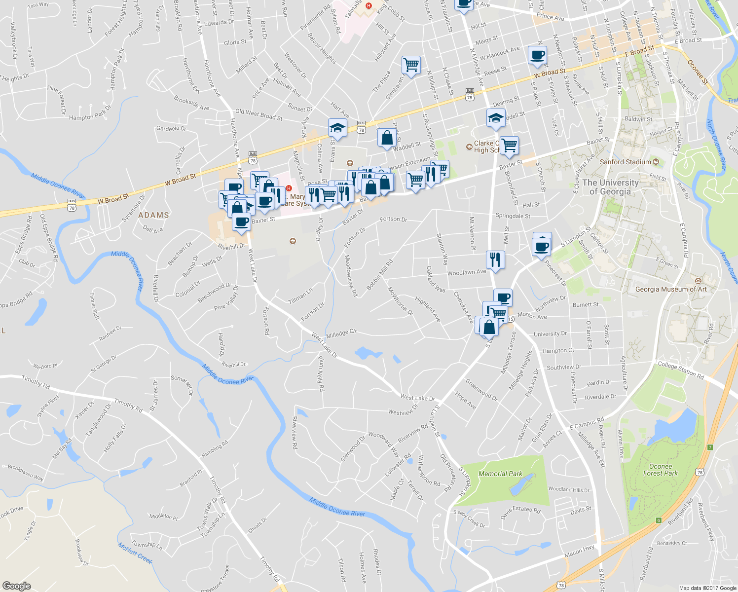 map of restaurants, bars, coffee shops, grocery stores, and more near 845 Bobbin Mill Road in Athens