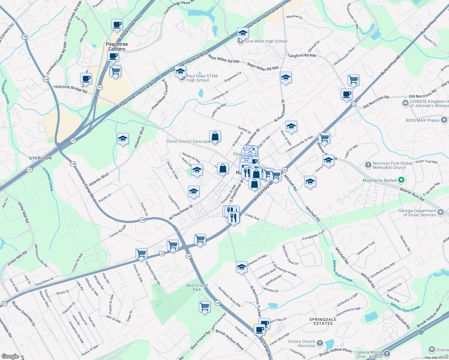 map of restaurants, bars, coffee shops, grocery stores, and more near 301 West Peachtree Street in Norcross