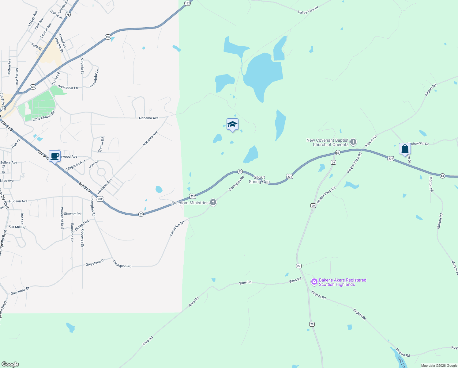 map of restaurants, bars, coffee shops, grocery stores, and more near 1914 Champion Road in Oneonta