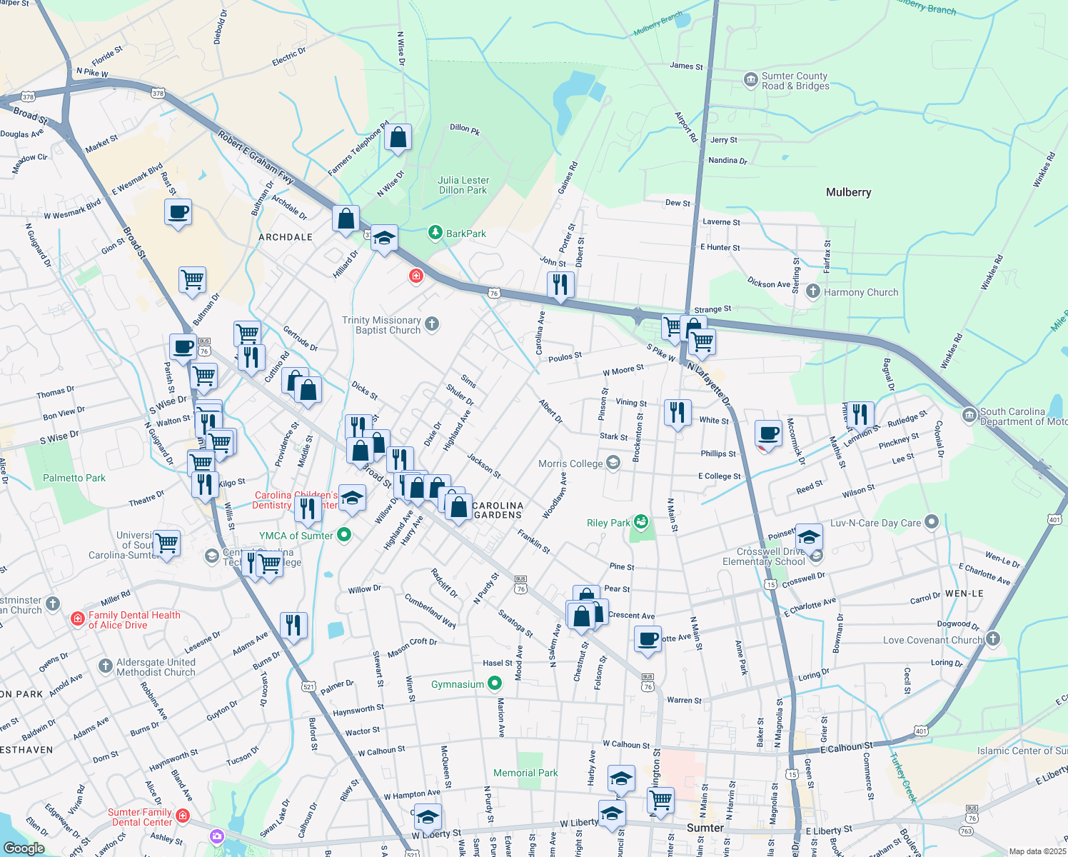 map of restaurants, bars, coffee shops, grocery stores, and more near 137 N Milton Rd in Sumter