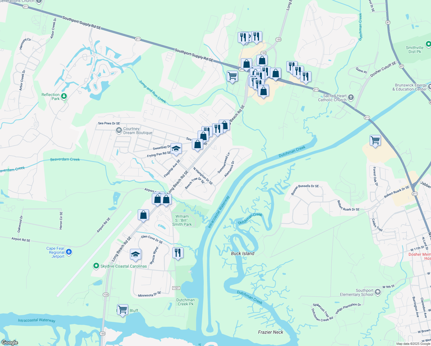 map of restaurants, bars, coffee shops, grocery stores, and more near 4938 Summerswell Ln in Southport
