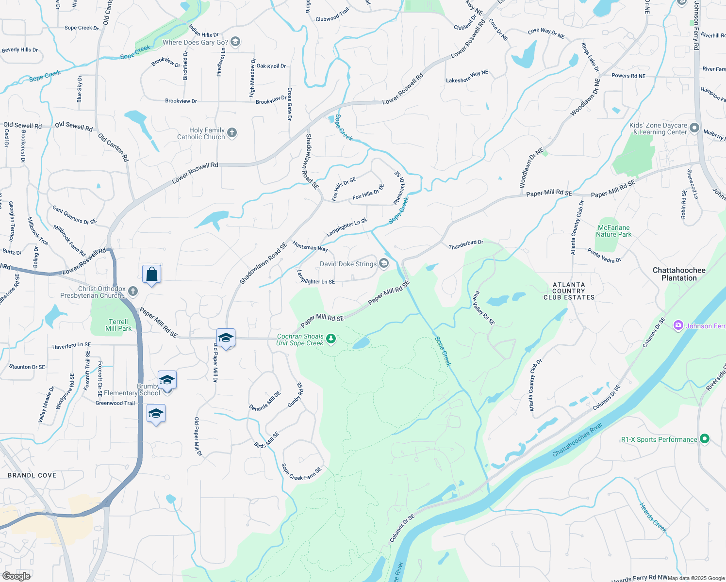 map of restaurants, bars, coffee shops, grocery stores, and more near 452 Brushstroke Court Southeast in Marietta