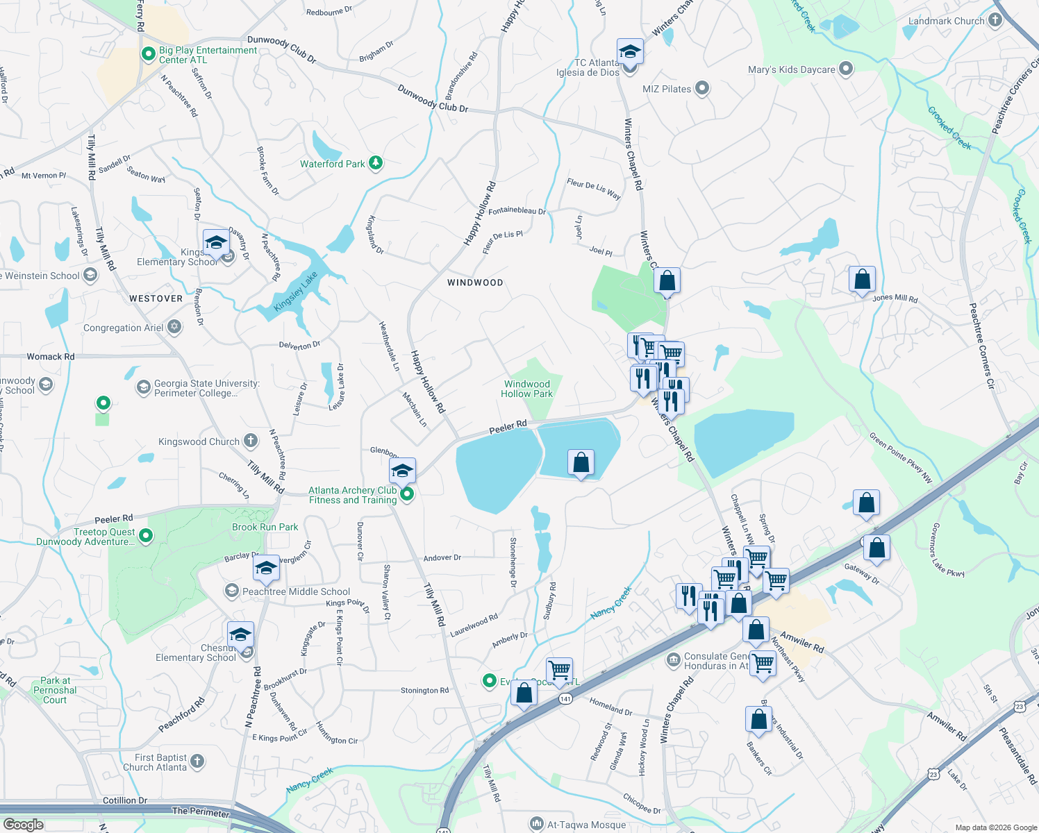 map of restaurants, bars, coffee shops, grocery stores, and more near 2850 Peeler Road in Doraville