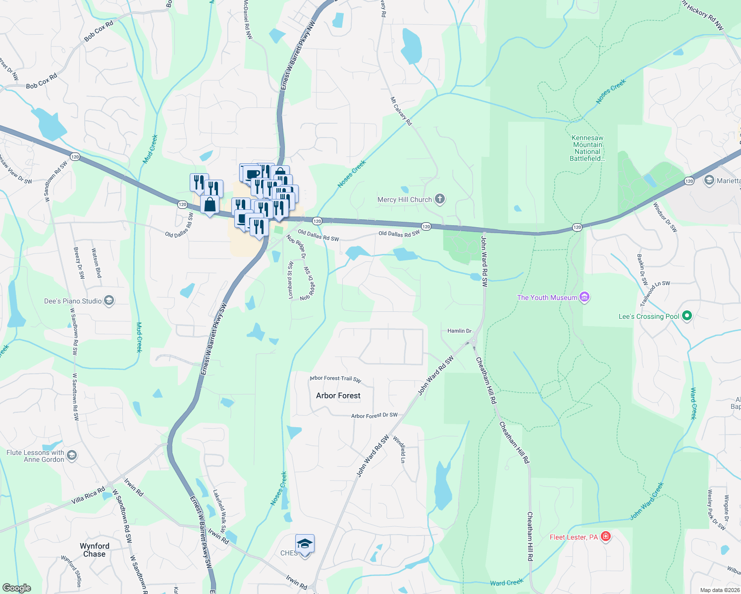 map of restaurants, bars, coffee shops, grocery stores, and more near 2078 Winding Creek Lane in Marietta
