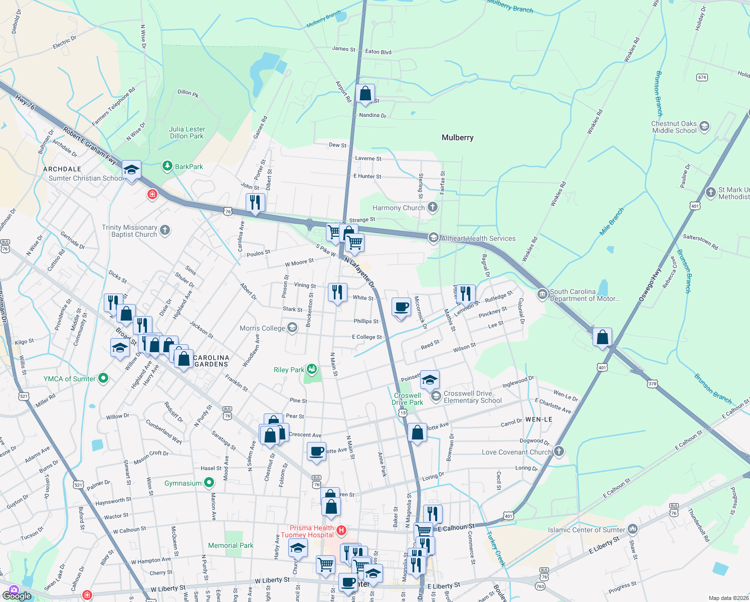 map of restaurants, bars, coffee shops, grocery stores, and more near 21 Shirer Street in Sumter