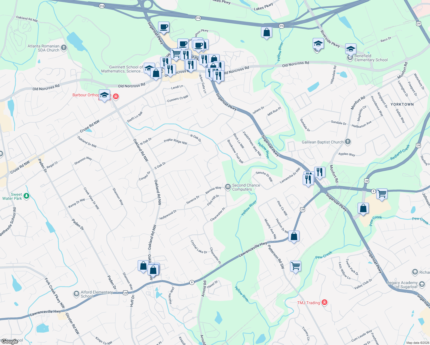 map of restaurants, bars, coffee shops, grocery stores, and more near 1888 Libby Lane in Lawrenceville