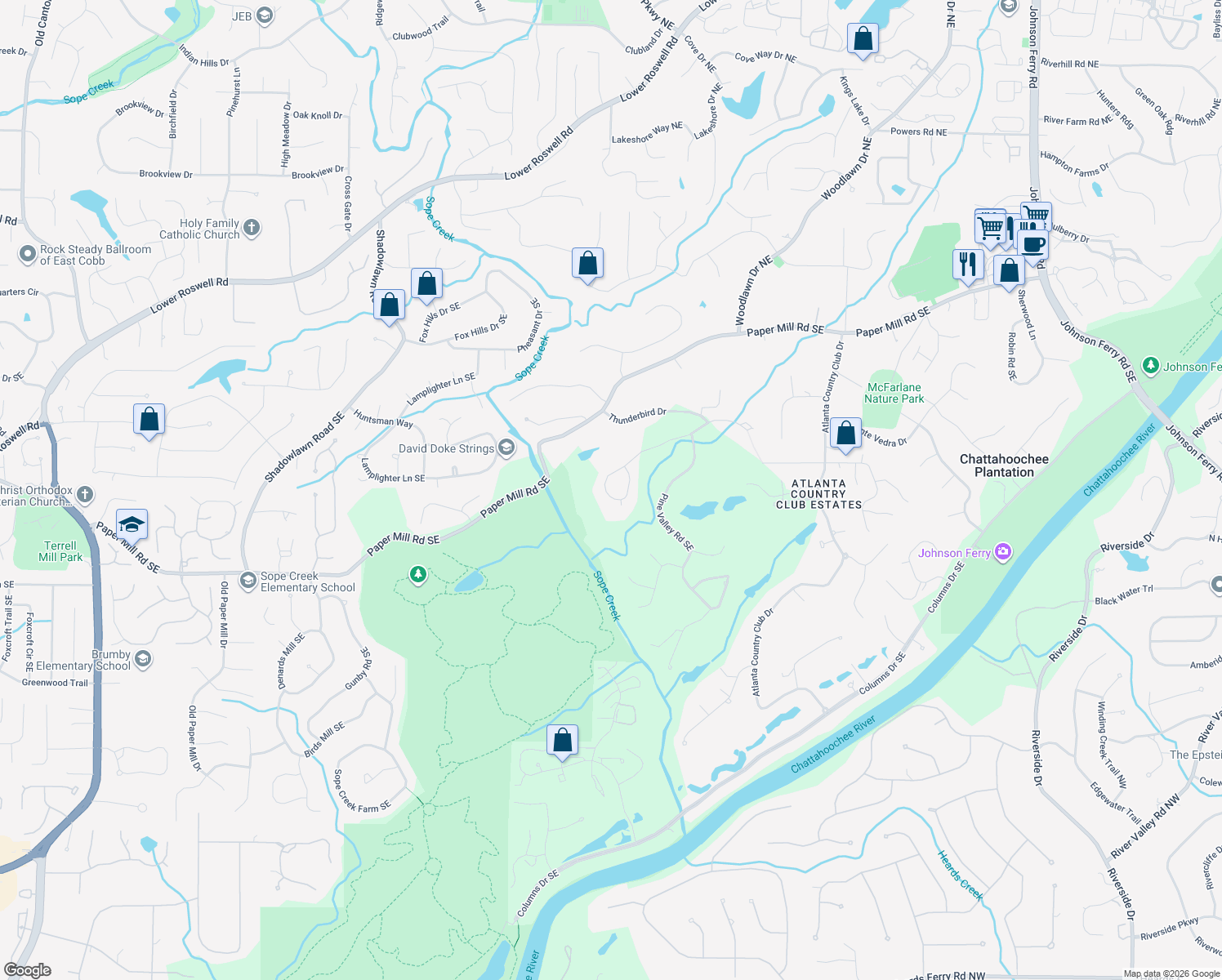map of restaurants, bars, coffee shops, grocery stores, and more near 359 Cherry Hill Drive in Marietta