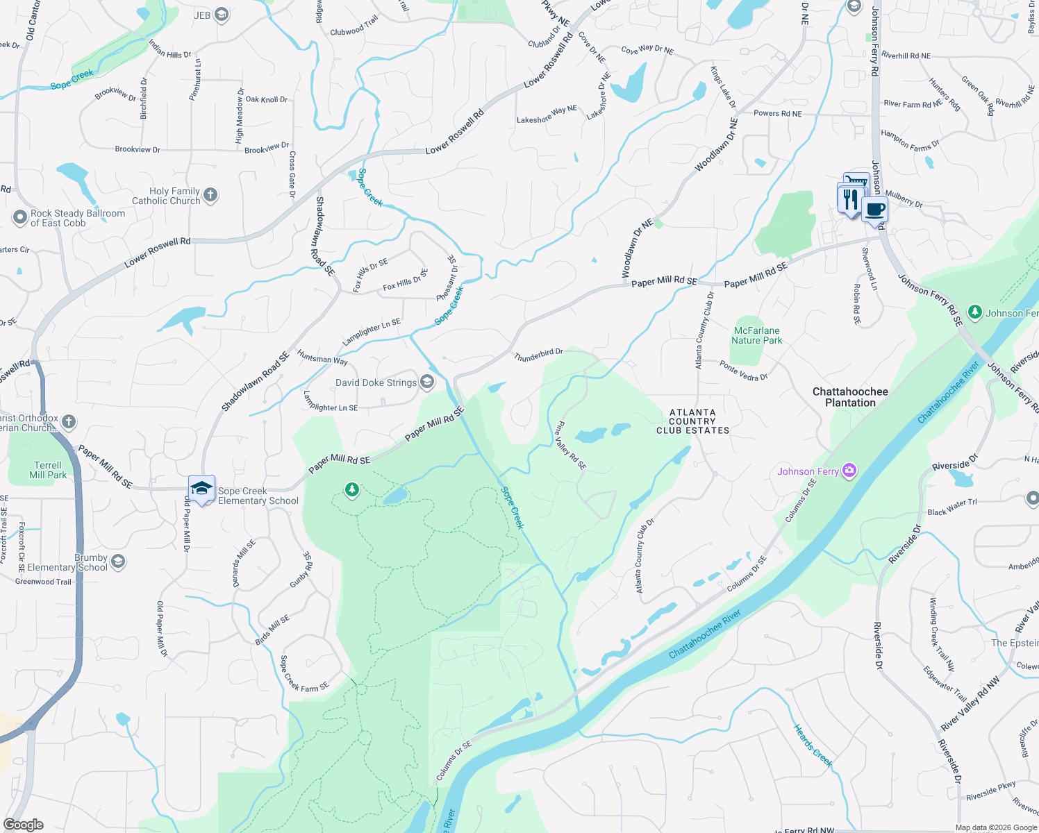 map of restaurants, bars, coffee shops, grocery stores, and more near 359 Cherry Hill Drive in Marietta