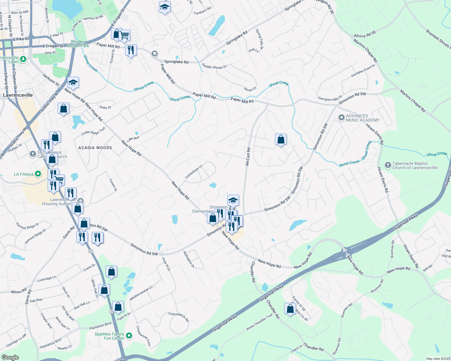 map of restaurants, bars, coffee shops, grocery stores, and more near 363 Adams Lake Drive in Lawrenceville