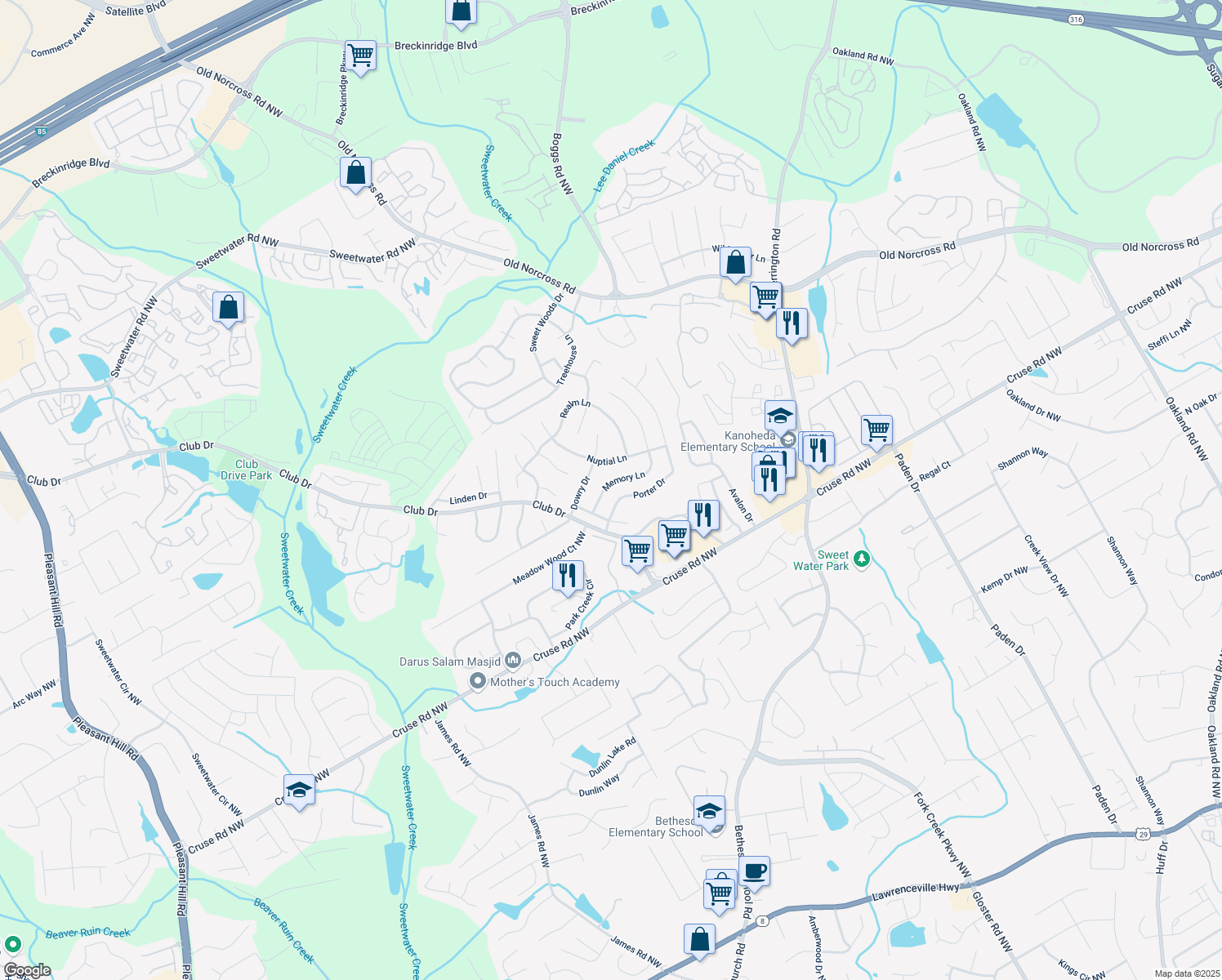 map of restaurants, bars, coffee shops, grocery stores, and more near 975 Memory Ln in Lawrenceville