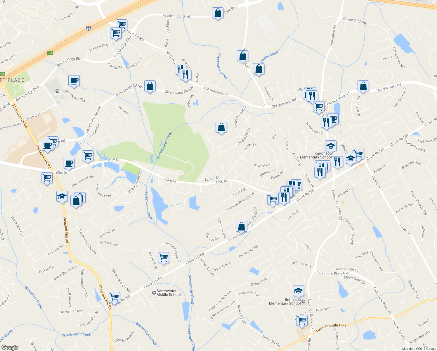 map of restaurants, bars, coffee shops, grocery stores, and more near 3041 Linden Drive in Lawrenceville