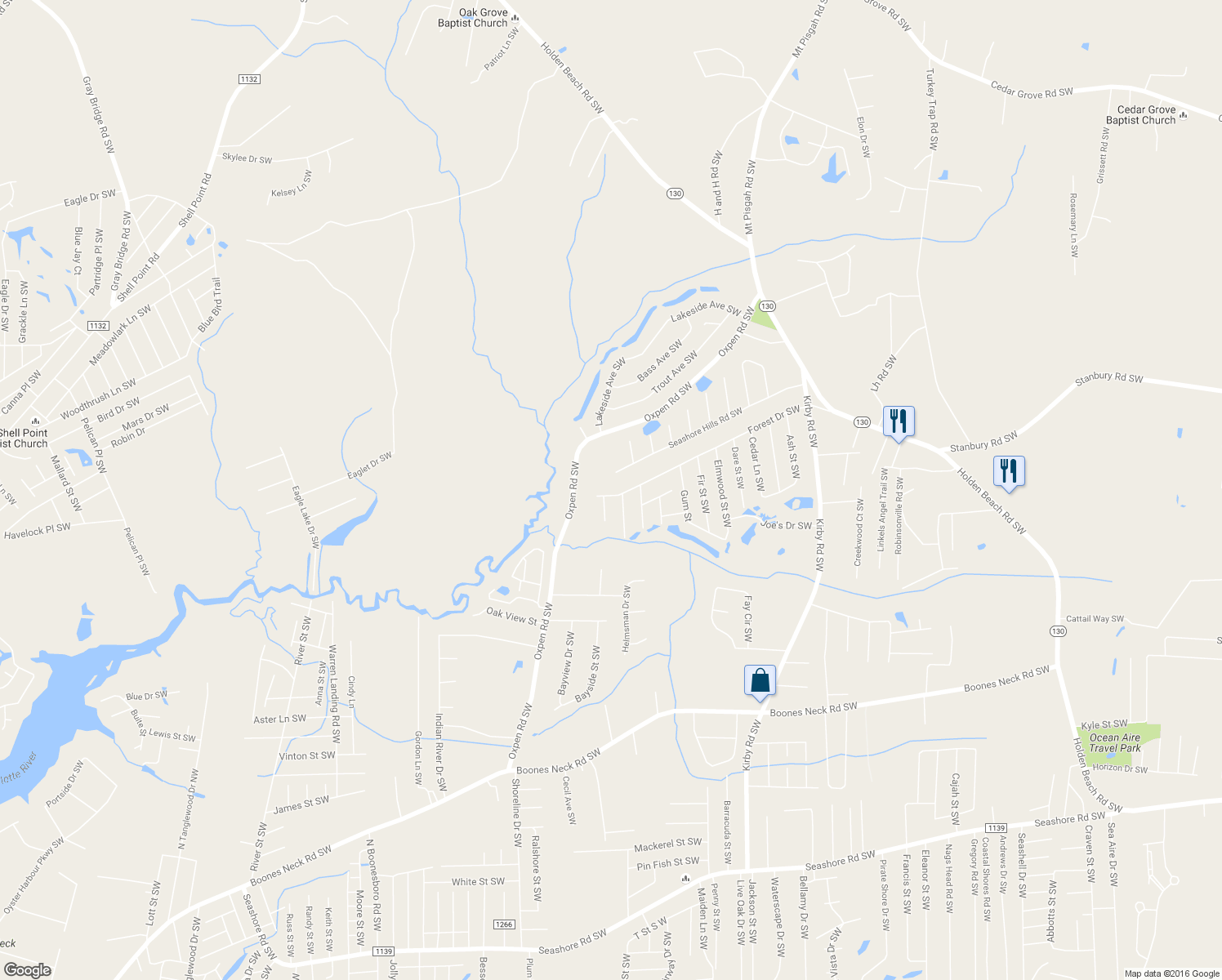 map of restaurants, bars, coffee shops, grocery stores, and more near 2274 Forest Drive Southwest in Brunswick County