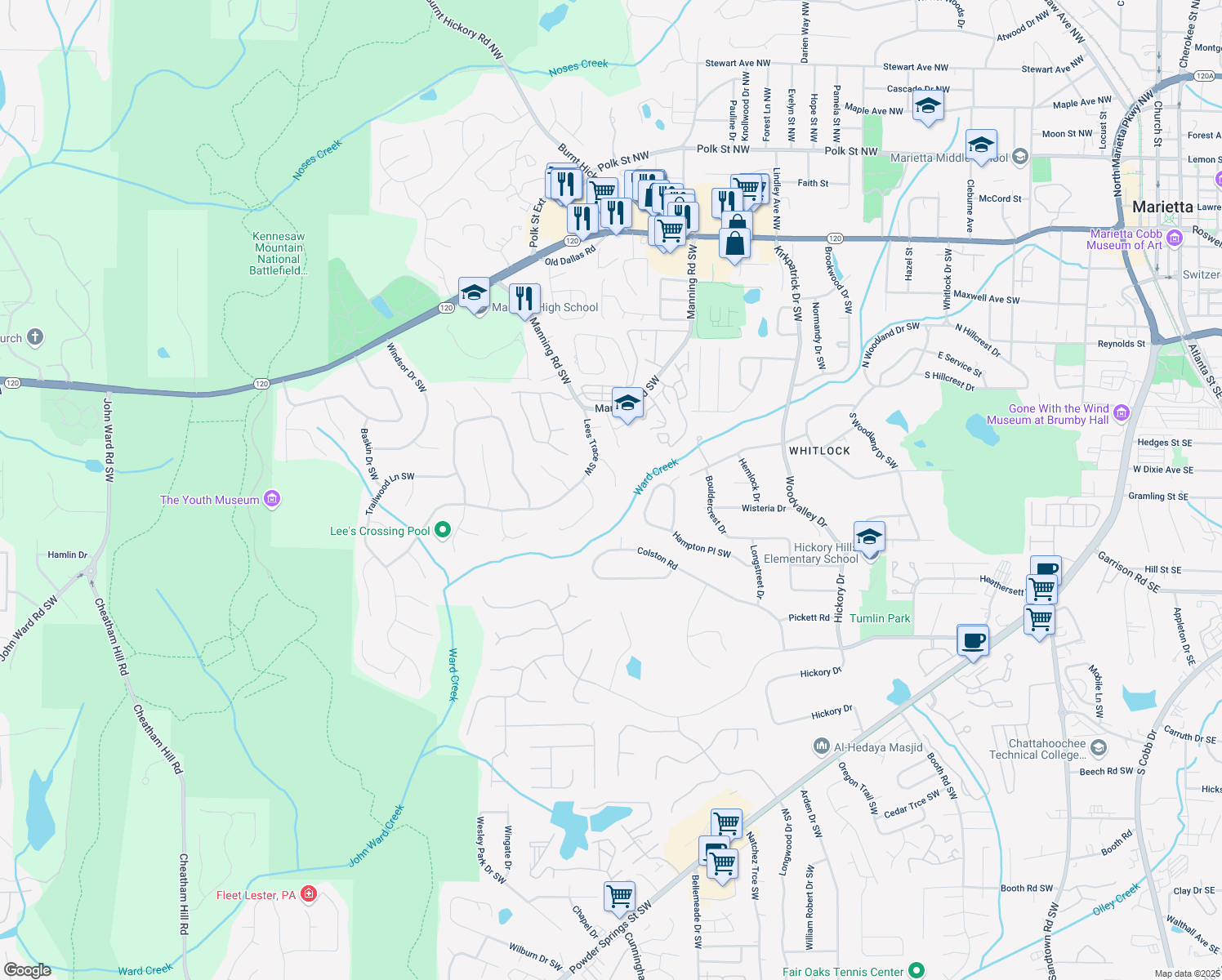 map of restaurants, bars, coffee shops, grocery stores, and more near 878 Park Creek Court Southwest in Marietta