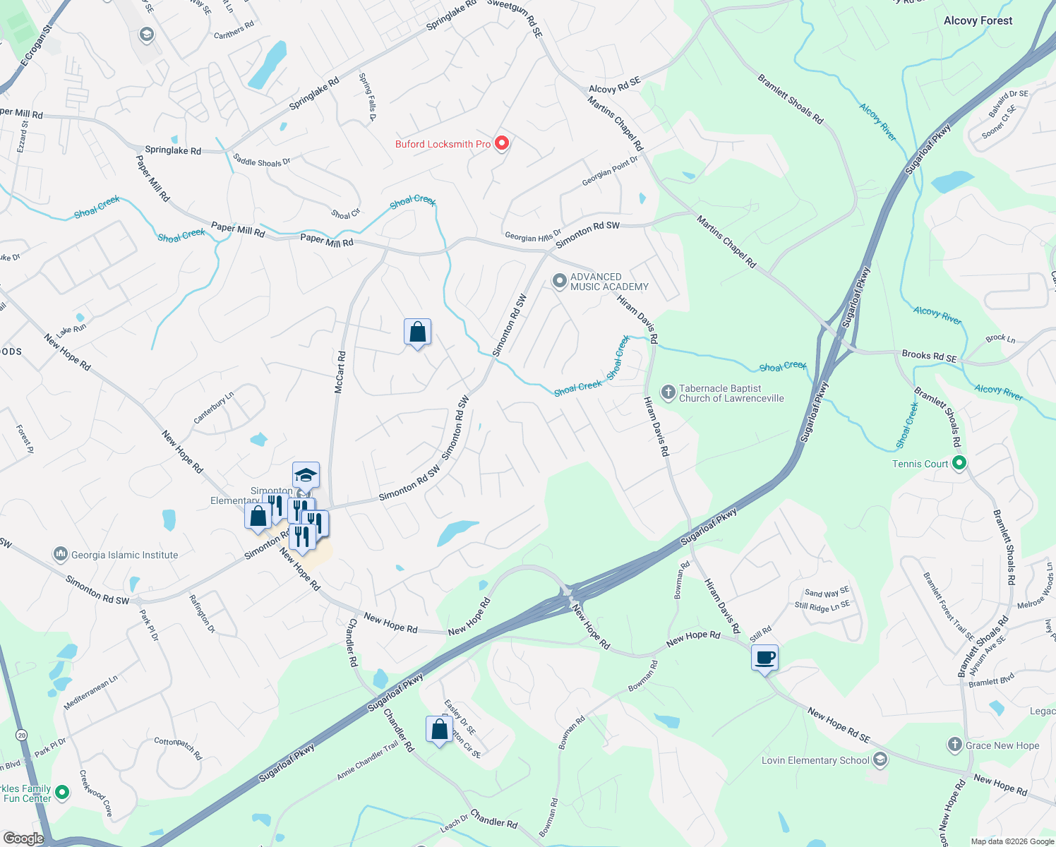 map of restaurants, bars, coffee shops, grocery stores, and more near 1918 Shaker Falls Lane in Lawrenceville