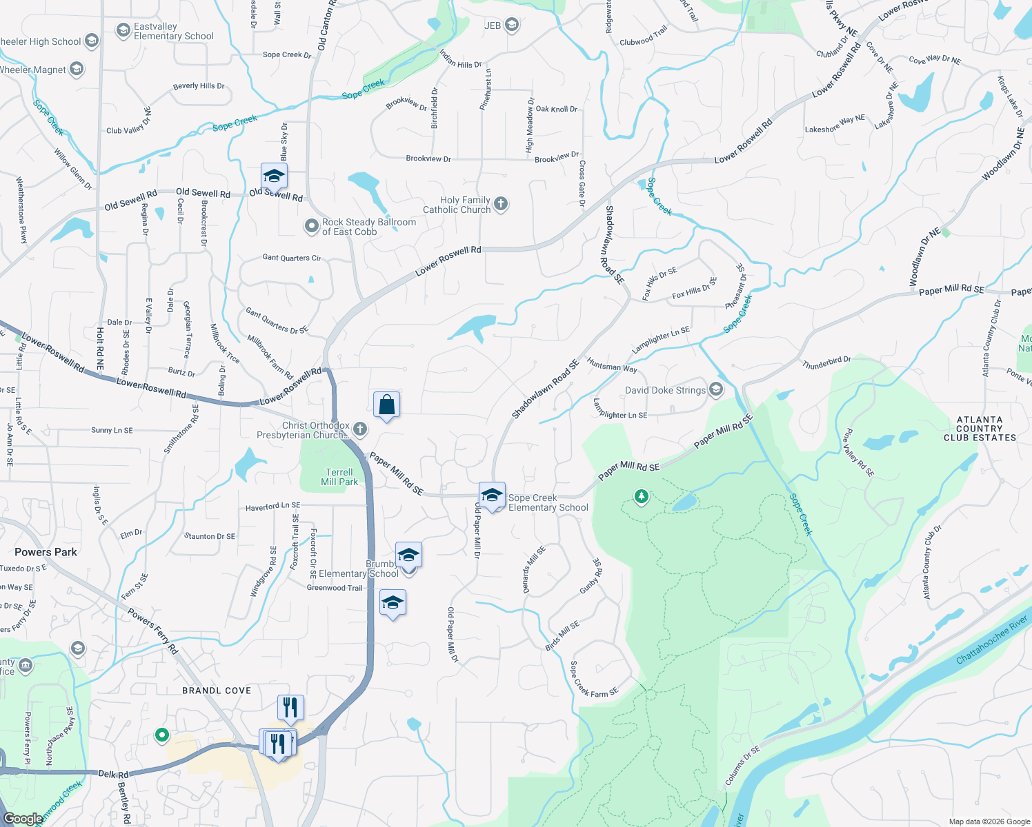 map of restaurants, bars, coffee shops, grocery stores, and more near 451 Shadowlawn Rd SE in Marietta