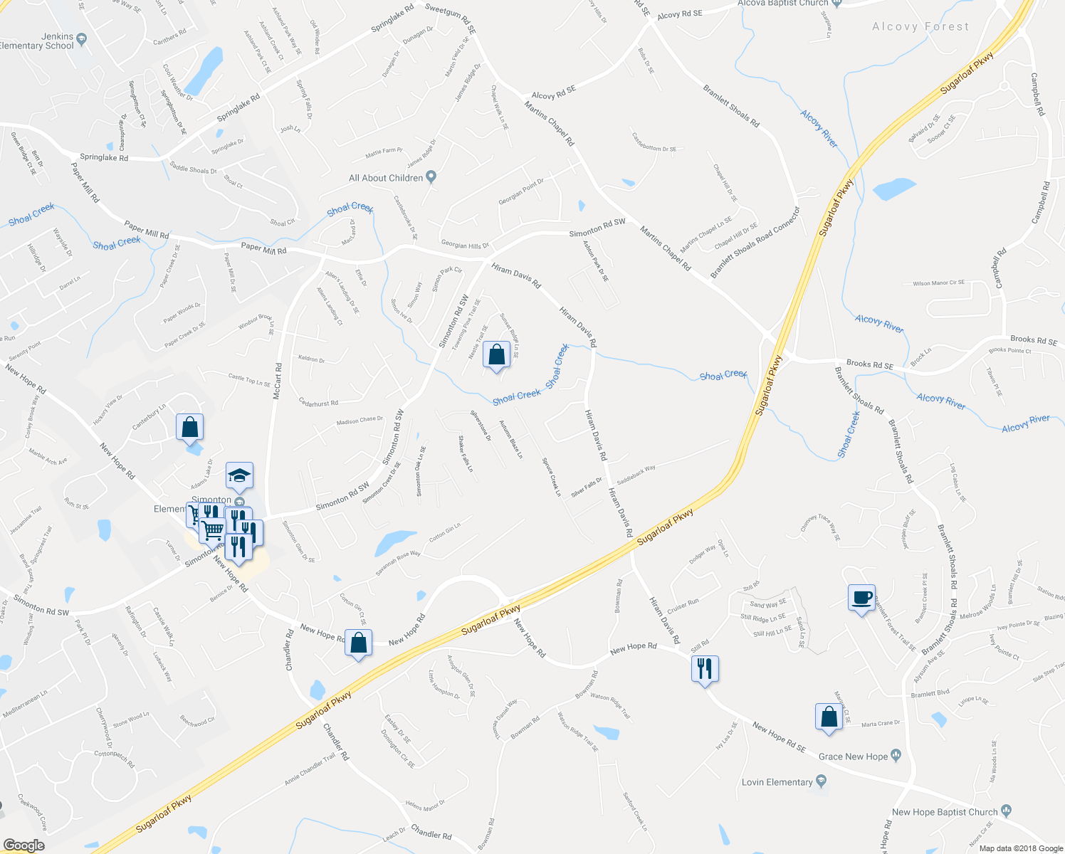 map of restaurants, bars, coffee shops, grocery stores, and more near 1004 Spruce Creek Lane in Lawrenceville