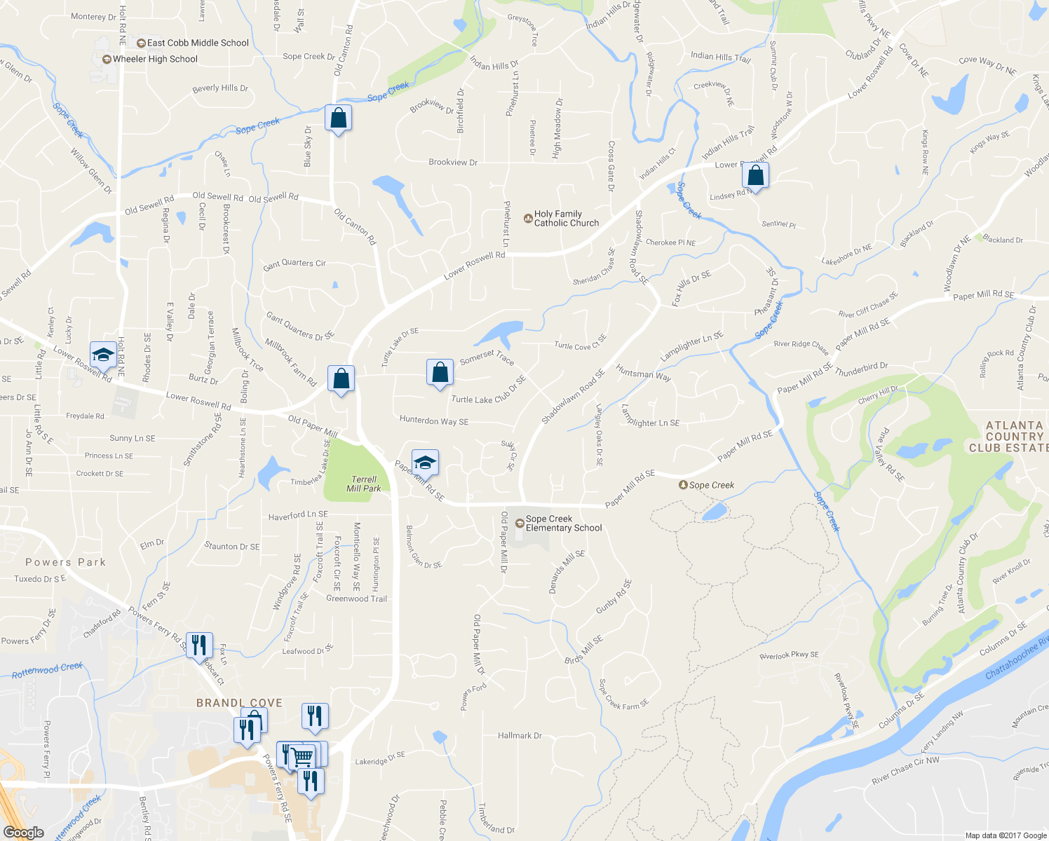 map of restaurants, bars, coffee shops, grocery stores, and more near 425 Somerset Lane Southeast in Marietta