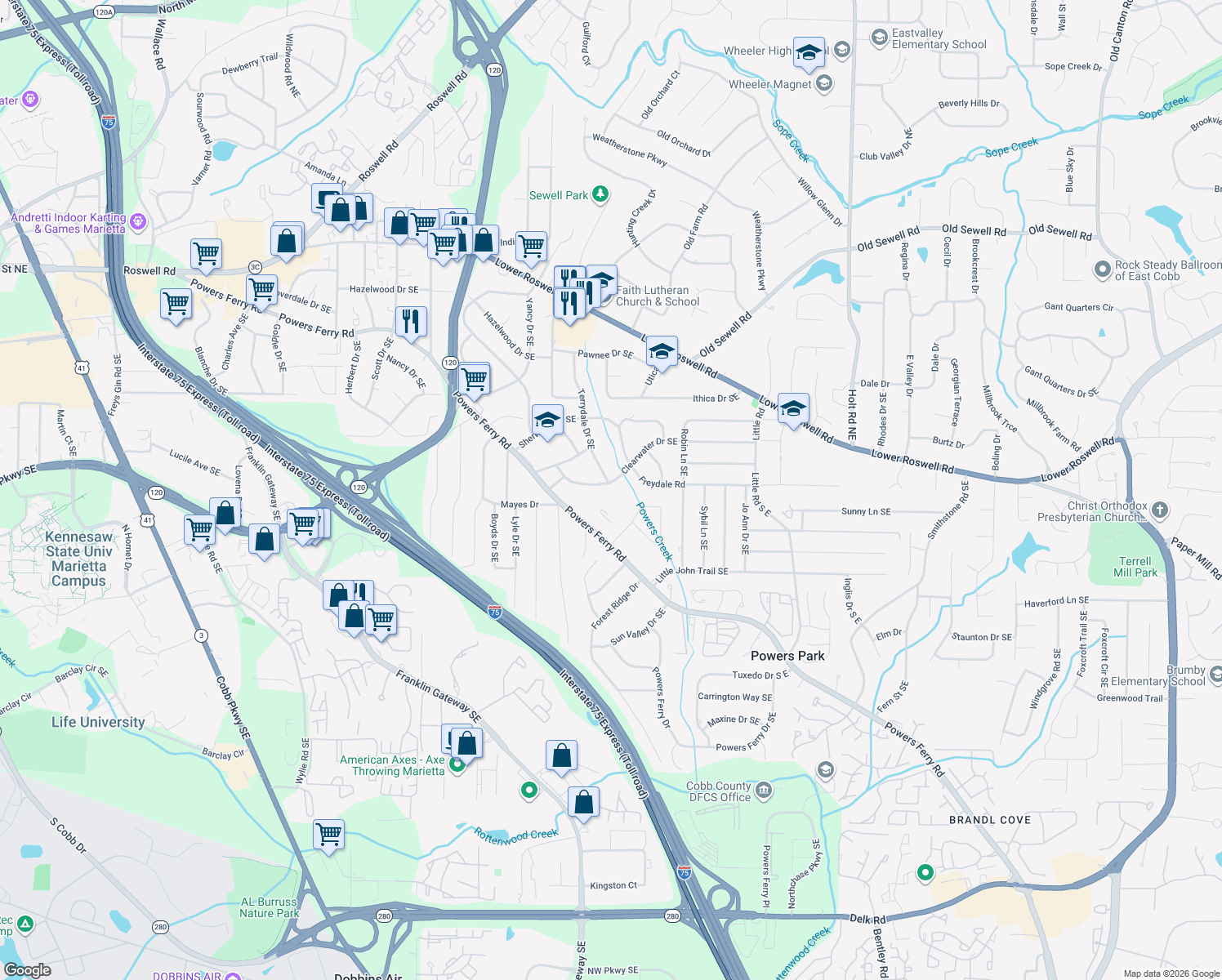 map of restaurants, bars, coffee shops, grocery stores, and more near 2138 Clearwater Dr SE in Marietta