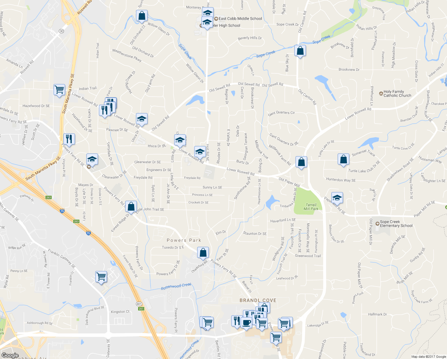 map of restaurants, bars, coffee shops, grocery stores, and more near 2620 Pine Springs Lane Southeast in Marietta