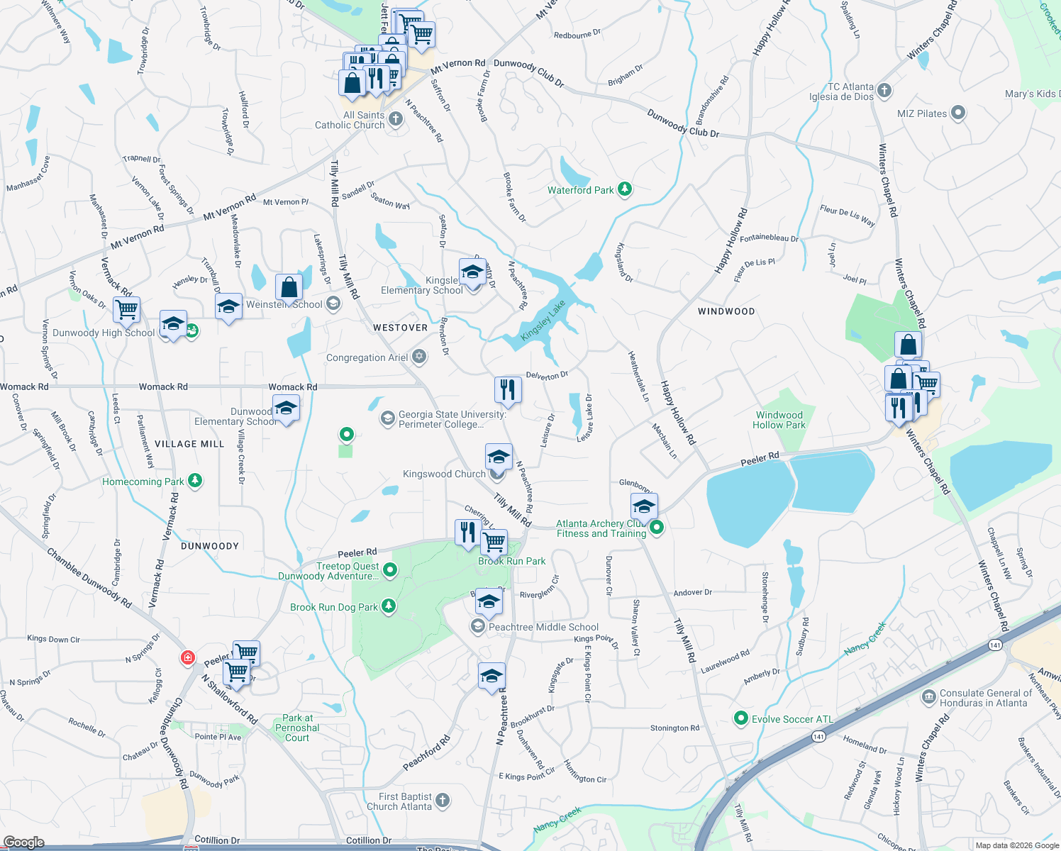 map of restaurants, bars, coffee shops, grocery stores, and more near 4936 Leisure Drive in Dunwoody